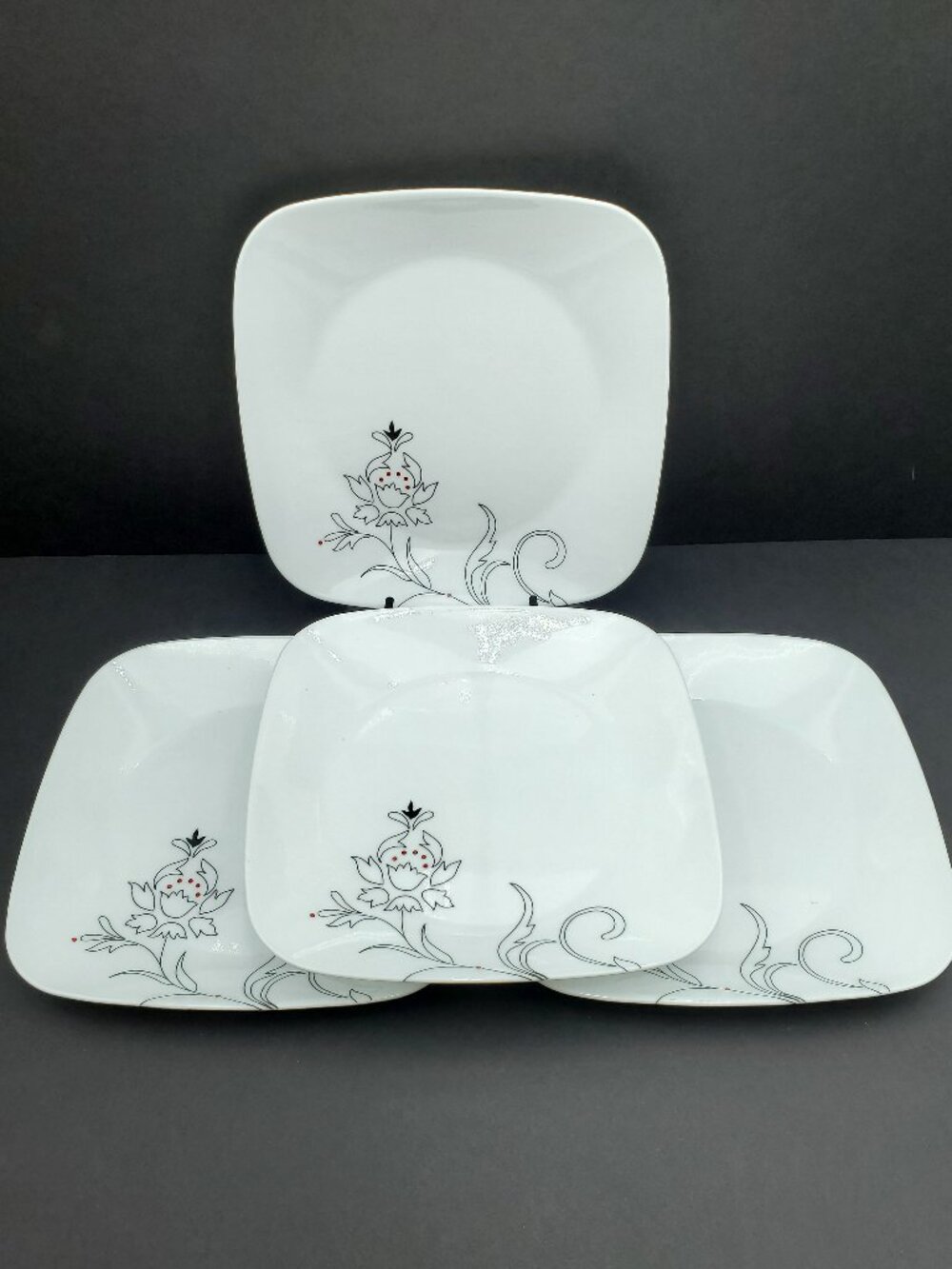 Corelle Royal Lines Luncheon Plates Square White Black Floral Salad Plates